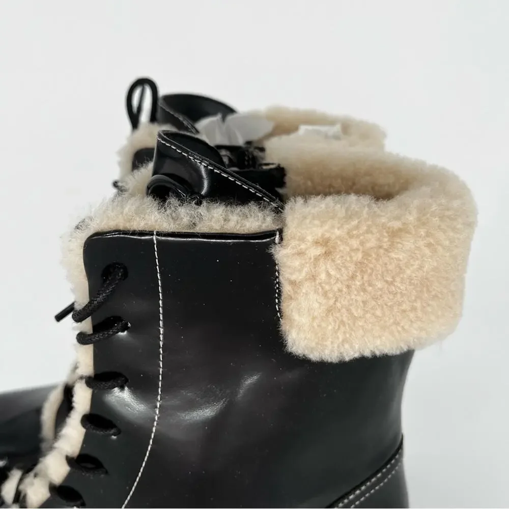 Coach Leighton Combat Boots Black Shearling Trim Lace-Up - Size 8.5